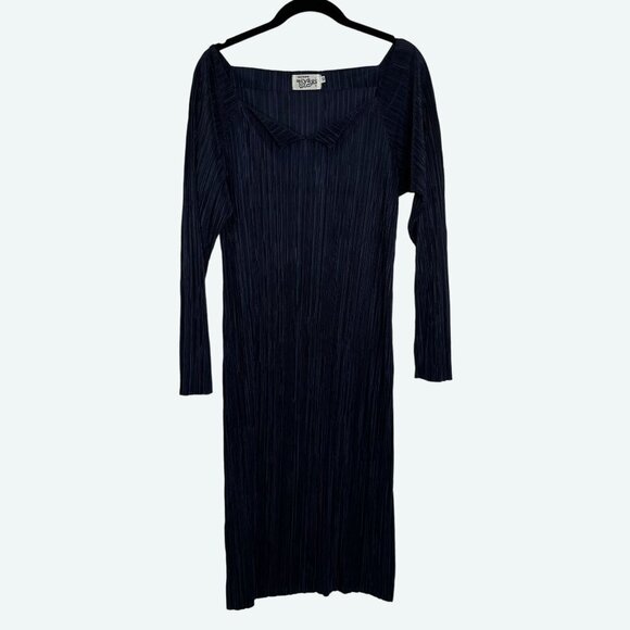 Tatsumi‎ Miyagi Couture Long Sleeve Round V Neck Pleated Midi Dress Navy Size 42 - Picture 1 of 6